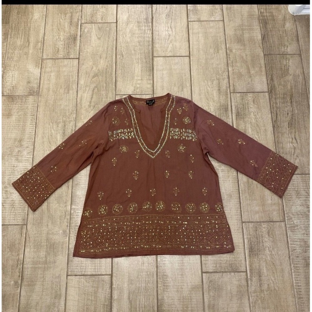 NWT Diva Ji Top OS Womens Brown Gold Sequin Fairy Boho Cotton Tunic Gypsy Hippy